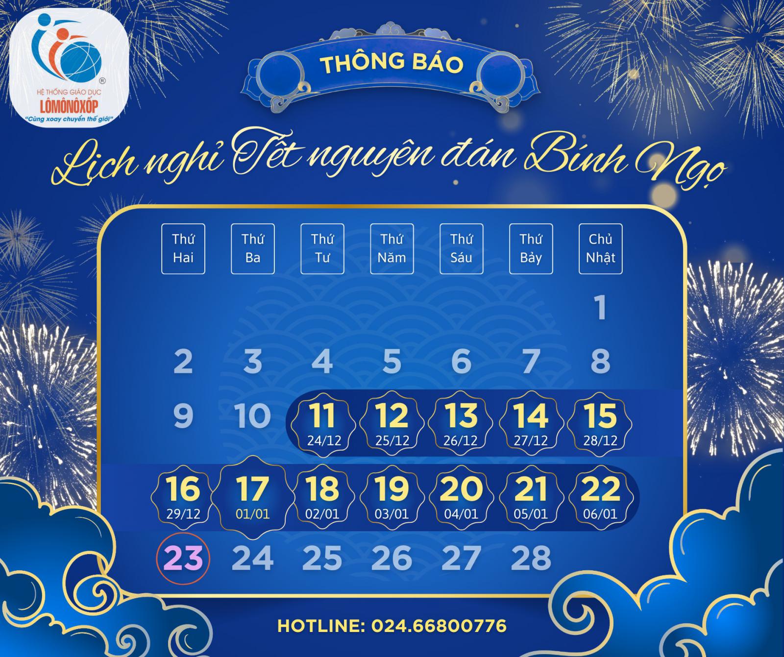 Thông báo lịch nghỉ tết nguyên đán Bính Ngọ