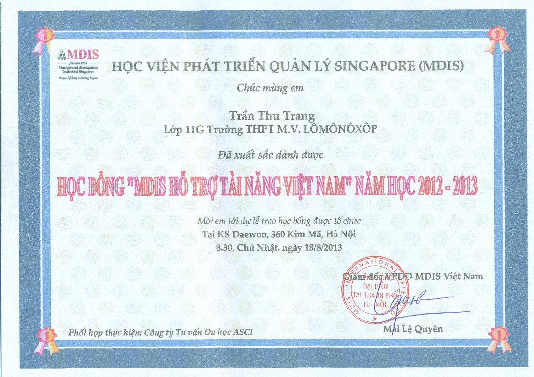 6 học sinh THPT giành được học bổng “MDIS hỗ trợ tài năng Việt Nam” năm học 2012 – 2013