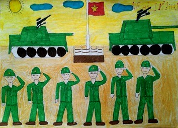 Được tô màu bởi các học sinh tiểu học, bức tranh với hình vẽ các chiến sĩ bộ đội sẽ khiến bạn bị cuốn hút. Từng nét vẽ trứ danh cùng sự tươi trẻ trong thiếu nhi, tạo nên một tác phẩm nghệ thuật đầy ý nghĩa cho đất nước.