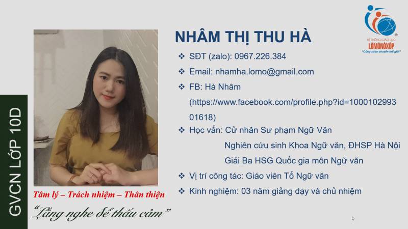 THÔNG TIN GIÁO VIÊN CHỦ NHIỆM LỚP 10D