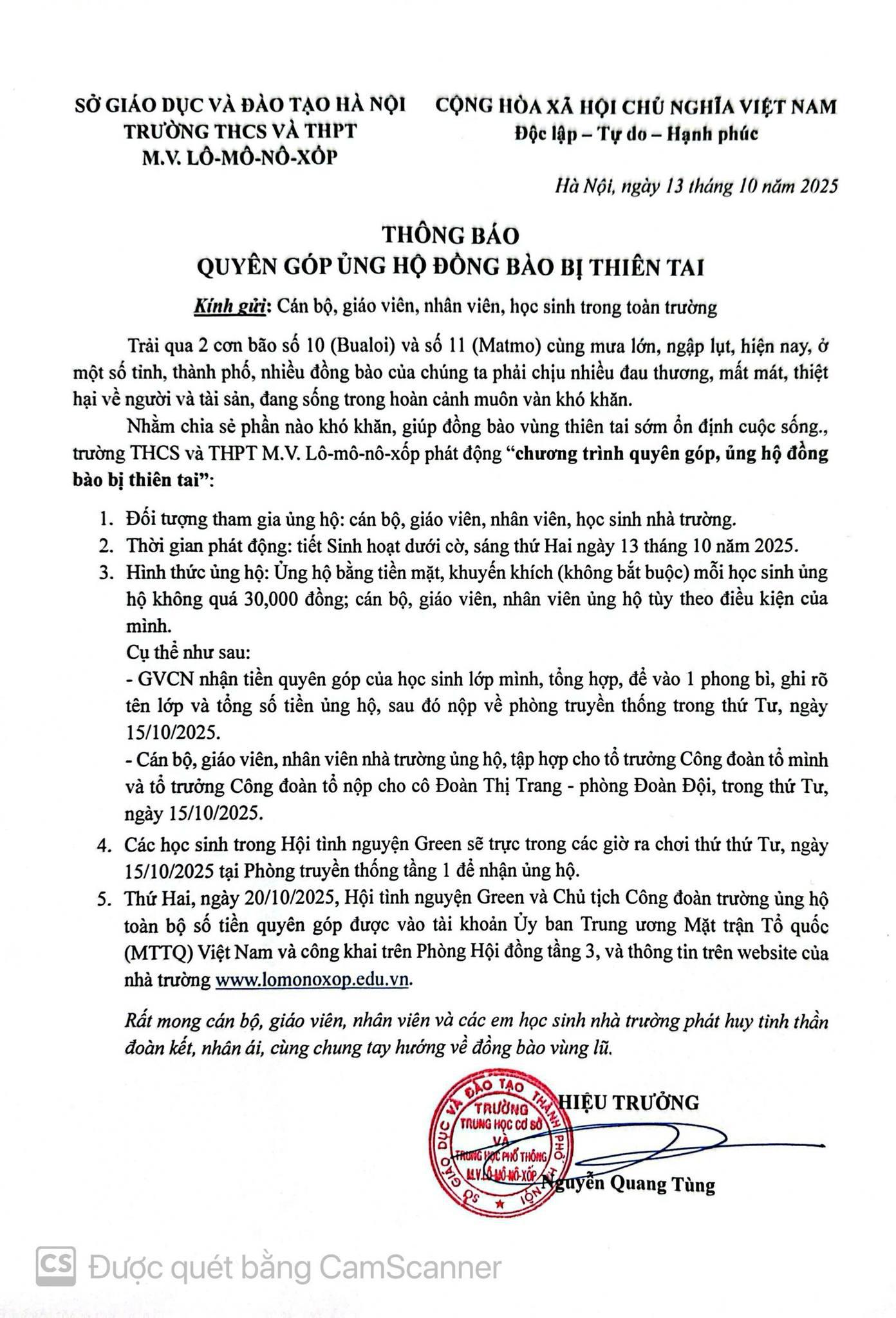 TỪ MÁI TRƯỜNG GỬI NIỀM YÊU THƯƠNG TỚI MIỀN BÃO LŨ