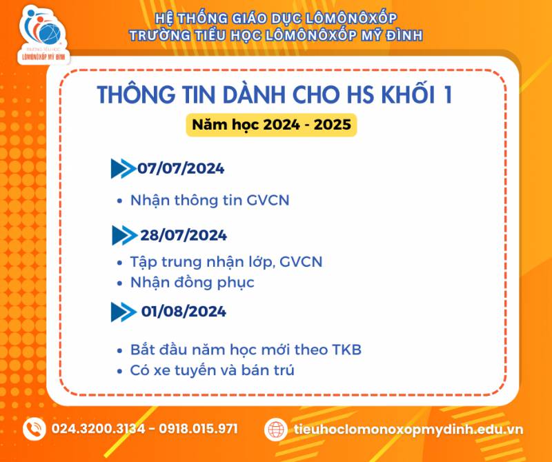 Lịch tập trung học sinh khối 1 năm học 2024 - 2025